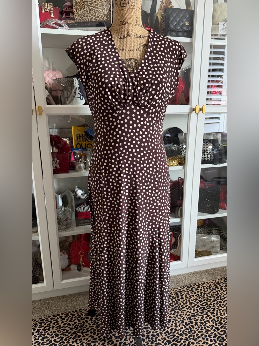 Jones New York Brown Maxi Dress with White Polka Dots
